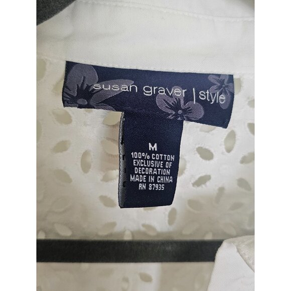 Susan Graver eyelet floral Button Down blouse size Medium White - Picture 3 of 7
